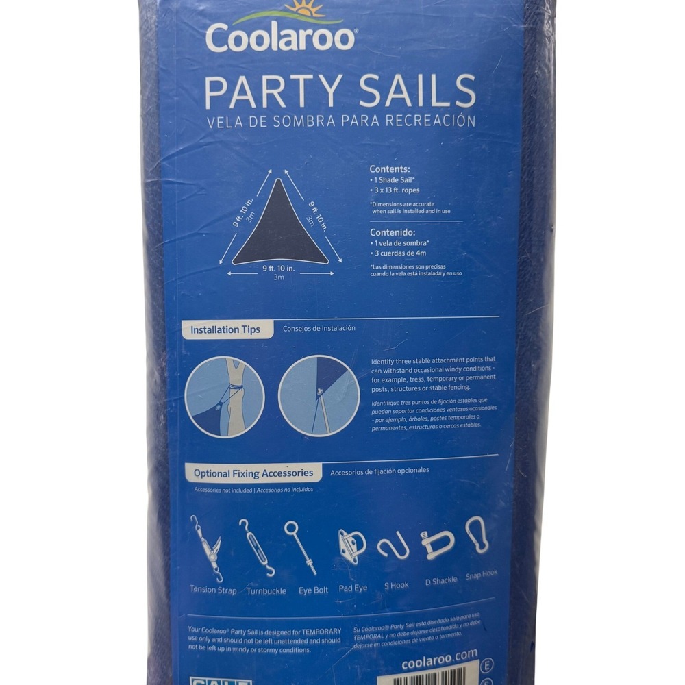 Coolaroo Party Sails Triangle Shade Sail 9 ft 10 in Blue UV Block Recreation - Picture 2 of 3